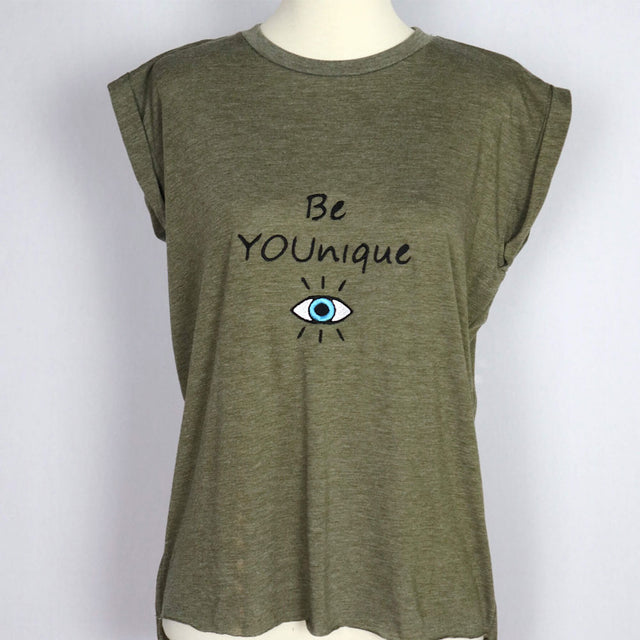 BE YOUNIQUE Embroidered Flowy Muscle T-Shirt with Rolled Cuff-Olive Green