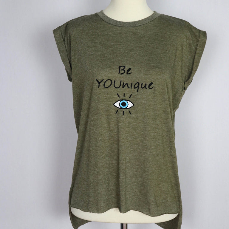 BE YOUNIQUE Embroidered Flowy Muscle T-Shirt with Rolled Cuff-Olive Green