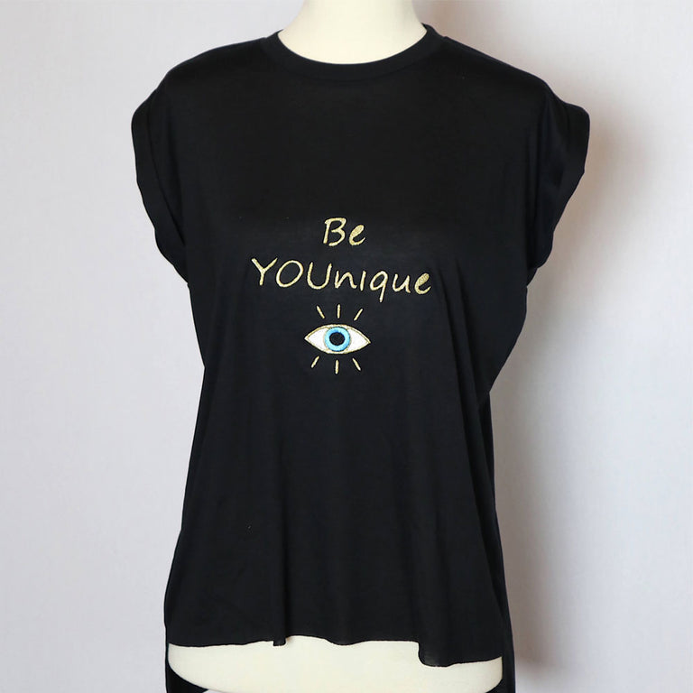 BE YOUNIQUE Embroidered Flowy Muscle T-Shirt with Rolled Cuff-Black