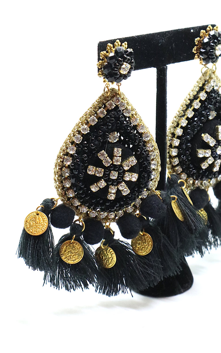 Drop Earrings Rhinestone Beads Black-Gold by Carolina Damas