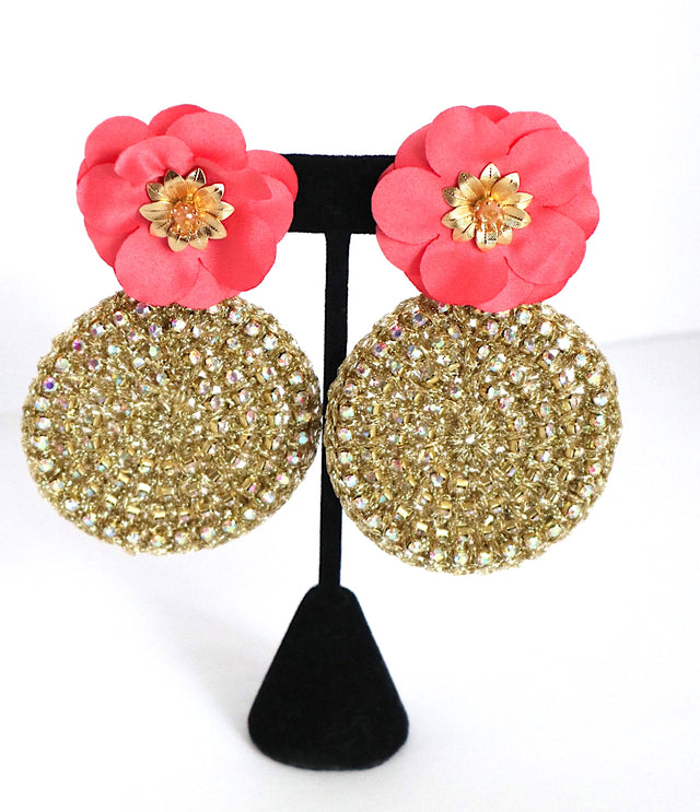 Gold Round Coral Flower Earrings