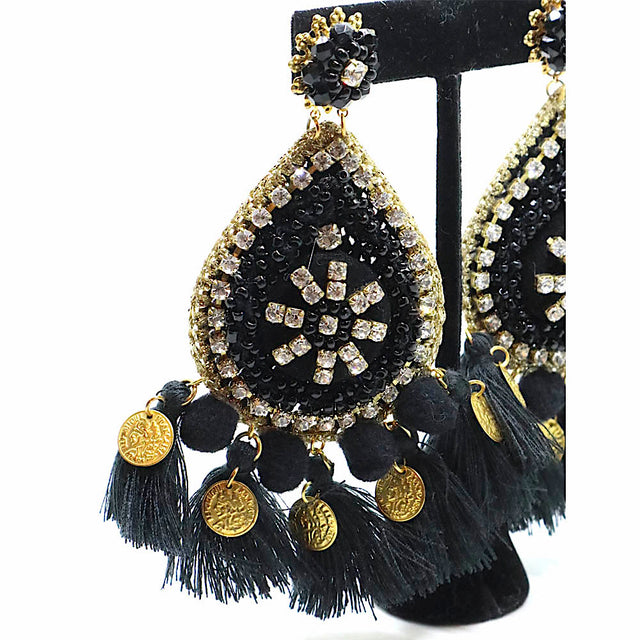 Drop Earrings Rhinestone Beads Black-Gold