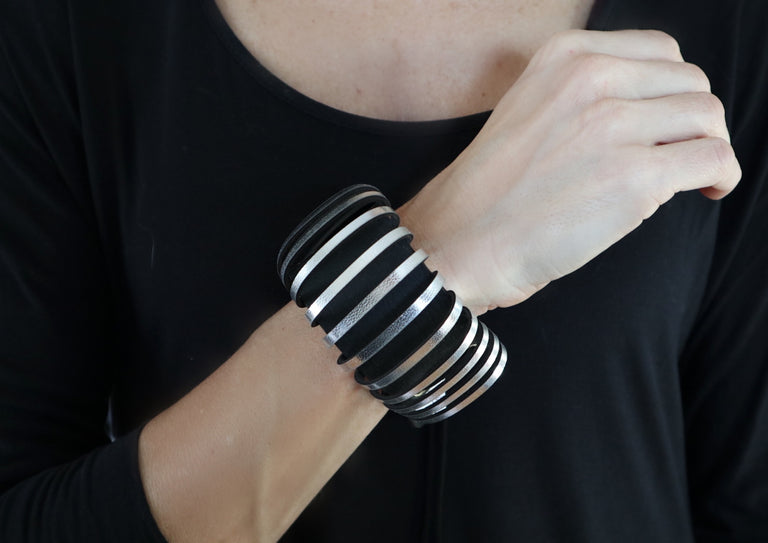 Leather Black Silver Stripes Adjustable Bracelet