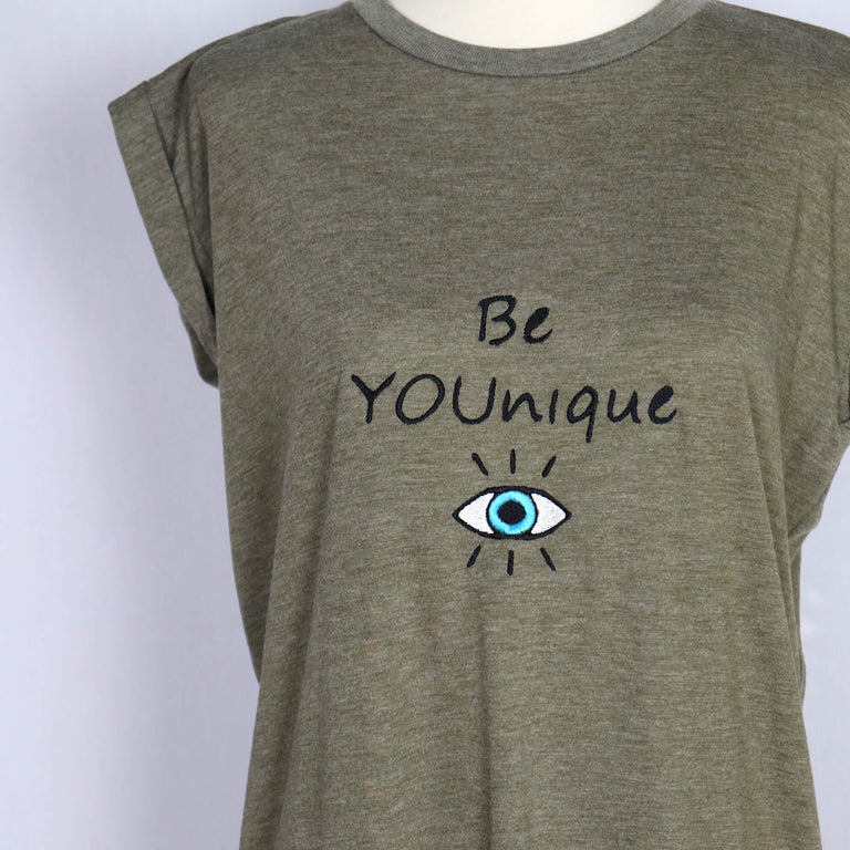 BE YOUNIQUE Embroidered Flowy Muscle T-Shirt with Rolled Cuff-Olive Green