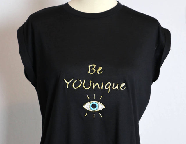 BE YOUNIQUE Embroidered Flowy Muscle T-Shirt with Rolled Cuff-Black
