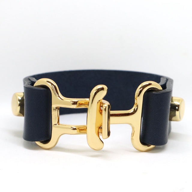 Navy Leather Gold Buckle Bracelet