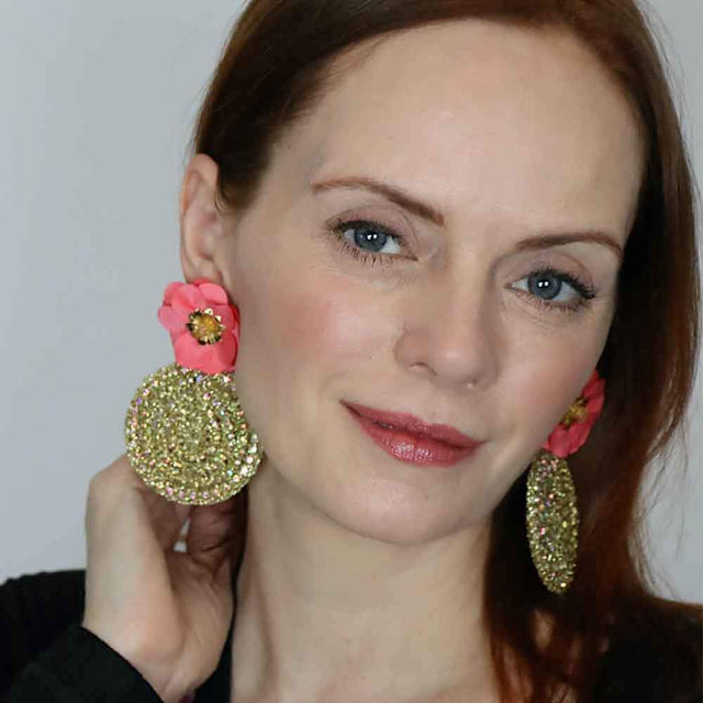 Gold Round Coral Flower Earrings-Sale